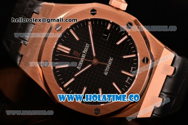 Audemars Piguet Royal Oak 41MM Clone AP Calibre 3120 Automatic Rose Gold Case with Black Dial and Stick Markers - Black Leather Strap (EF) - Click Image to Close